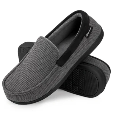 Image of EverFoams Men&#039;s Comfort Memory Foam Moccasin Slippers Breathable Terry Cloth House Shoes with Anti Skid Rubber Sole Grey 9 UK