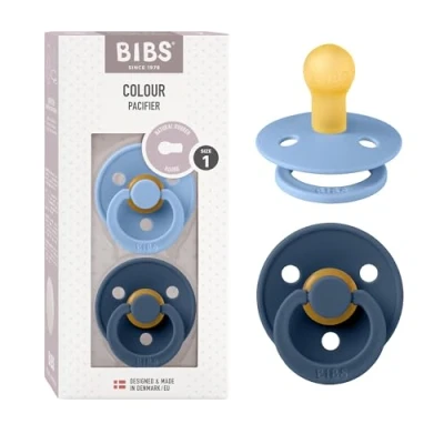 Image of BIBS Colour Soother 2 Pack, BPA Free Dummy Pacifier, Round Nipple. Natural Rubber Latex, Size 1 (0 6 Months), Sky Blue/Steel Blue