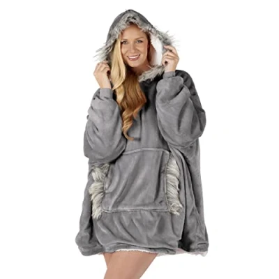 Image of FAUX FUR EDGE Oversized Hoodie Blanket Women Ultra Plush Fleece Soft Sherpa Reversible Warm Cosy Comfy Wearable Hooded Giant Sweatshirt Throw Girls Adults Men Boys Kids Big Pocket (Grey)