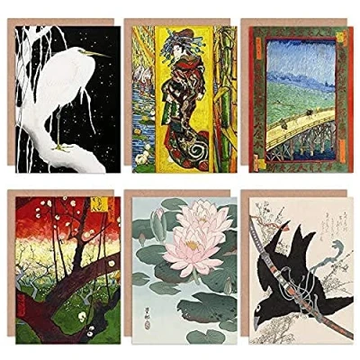 Image of Artery8 Hokusai Koson Van Gogh Japanese Heron Courtesan Mixed Fine Art Greeting Card Pack of 6