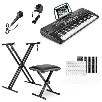 Image of Crystals 61 Key Electric Keyboard Digital Piano Instrument Set with Microphone, Double Braced Adjustable Stand &amp; Padded Stool Portable for Beginner Musicians Black