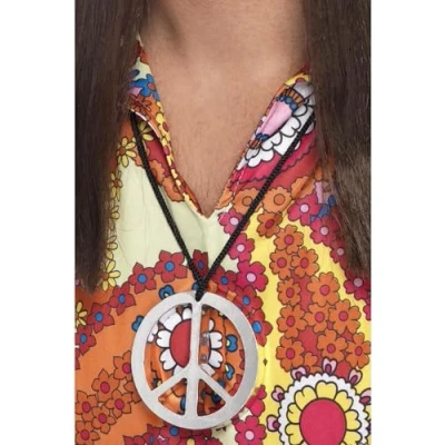 Image of Smiffys Peace Sign Medallion, Silver , 1960&#039;s Groovy Fancy Dress, Adult Dress Up Jewellery