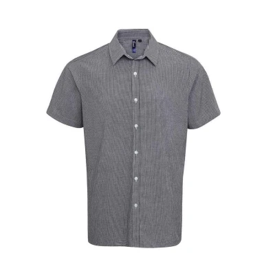 Image of Premier Mens Gingham Cotton Short Sleeved Shirt (Black/White) Size Small