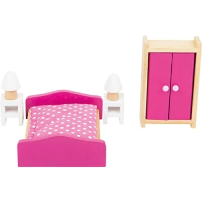 Image of Small Foot 10874 Wooden Furniture for The Living Room in Dollhouse, incl. Double Bed, Bedside Tables, Lamps and Wardrobe, Suitable, Ideal Doll Accessories Children from 3 Years up