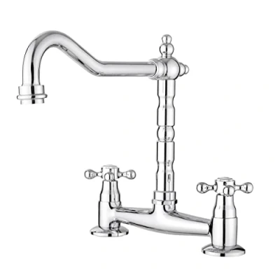 Image of JASSFERRY French Bridge Mixer Tap Classic Fixed 2 Hole Kitchen Sink Faucet Crosshead Handles with Swivel Spout Chrome Polished