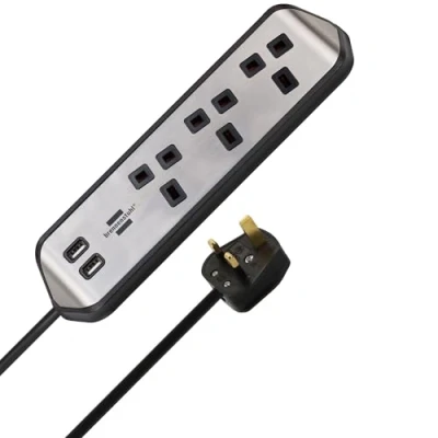Image of brennenstuhl estilo Corner Extension Lead 3 way (Extension Cord with Stainless Steel Surface for Desk/Kitchen/Office, 3x Earthed Sockets, 2x USB Ports) silver/black