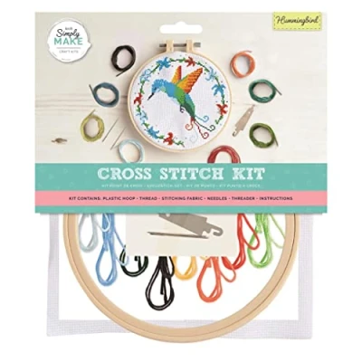 Image of Simply Make Cross Stitch Kit Hummingbird Design for Kids and Adults, Including Hoop, Embroidery Thread, Fabric Needle Perfect Adult Crafts Beginners Starter Craft