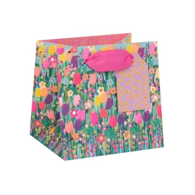 Image of Glick Luxury Gift Bag, Vibrant Colourful Short Suitable for Mother&#039;s Day and Mums Birthday, Tulips Design, 14.5w x 14.0h 11.0d cms, Multi Coloured