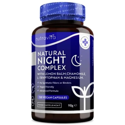 Image of Natural Night Complex with Lemon Balm, Chamomile, Magnesium, Vitamin B12 Alternative to Melatonin 120 Vegan Capsules 4 Month Supply Made in UK by Nutravita