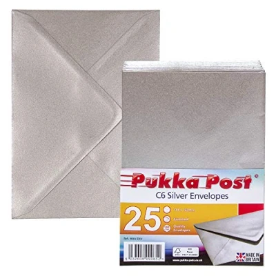 Image of Pukka Pad, Post &amp; Packaging Gummed Envelopes Pack of 25, Ready to Seal, Durable 100GSM Postal for Letters, Invitations, and Other Mail 114 x 162mm, Size C6, Silver