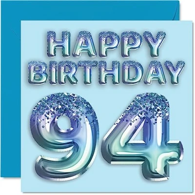 Image of 94th Birthday Card for Men Blue Glitter Party Balloon Happy Cards 94 Year Old Man Great Grandpa Grandad Dad Gran, 145mm x Ninety Four Fourth Greeting Gift