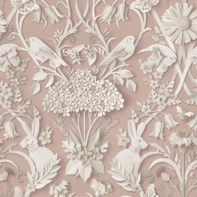 Image of Woodland Pink Wallpaper Floral Leaves Flowers Rabbits Animal Print Naturistic Stylish Feature Wall