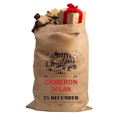 Image of Personalised Christmas Santa Sack Stocking Xmas Extra Large Hessian Traditional Bag Reusable Holiday Present (Merry Christmas)