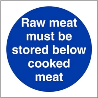 Image of V Safety Raw meat muat be stored below cooked 100x100mm Magnetic Sign