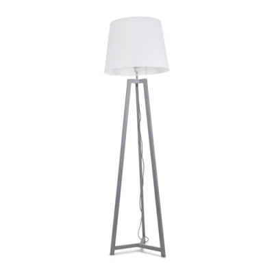 Image of Grey Wood Tripod Floor Lamp with White Tapered Fabric Lampshade Living Room Light LED Bulb Included