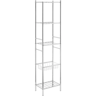 Image of Premier Housewares 5 Tier Shelf Unit With Basket Garage Storage Shelving Racking Shed Chromed Metal Silver