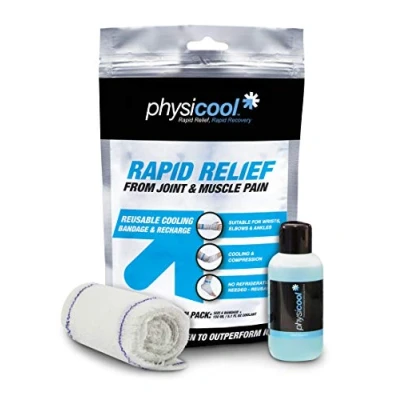 Image of Physicool Compression Bandage Small (10cm x 2m) &amp; Recharge Coolant Bottle 150ml, Reusable Elbow Ankle Foot Wrist Sport Injury Ice Cold Pain Relief Cooling Wrap