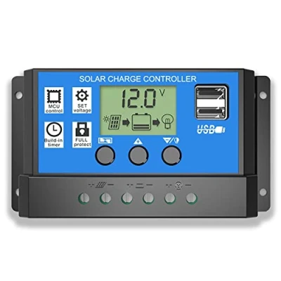 Image of Solar Charge Controller, Topcloud 30A Panel Controller 12V/24V PWM Auto Parameter Adjustable LCD Display Battery Regulator with Dual USB Port