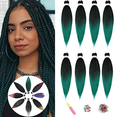 Image of Pre Stretched Braiding Hair ShowJarlly Soft Free Synthetic Fiber Corchet Braids 8Packs/Lot Knotless Extensions Hot Water Setting Crochet (26inch,T1B/Green#)