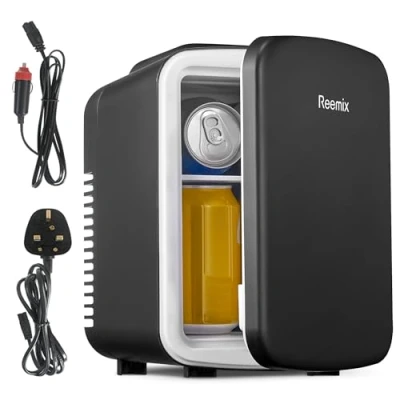 Image of Mini Fridge 4 Litre, 6 Can Portable AC+DC Power Cooler &amp; Warmer, Small for Bedrooms, Cars, Offices; Skincare, Makeup, Cosmetics, Food (Black, 4L)