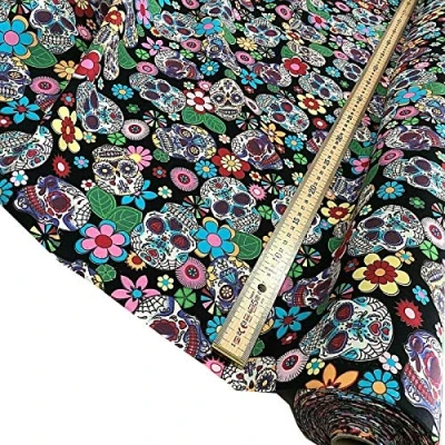 Image of 100% Cotton Superior Poplin Fabric Candy Sugar Aztec Skull Material 45&quot; Wide (Black Skulls) (ONE METRE)