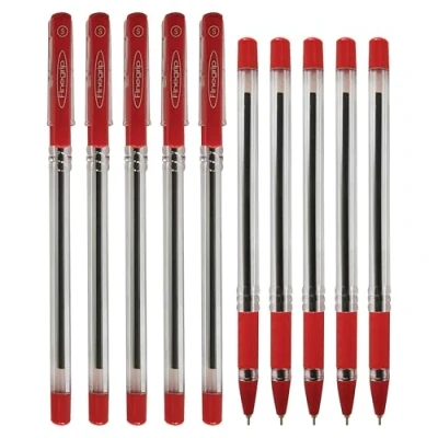 Image of CELL BALLPOINT Pens, RED, 0.5mm Fine Point, Pack of 10, FineGripX Ball Smooth Writing, Rubber Grip, FINERED10, Value Pack, ZOFAX Black Pen