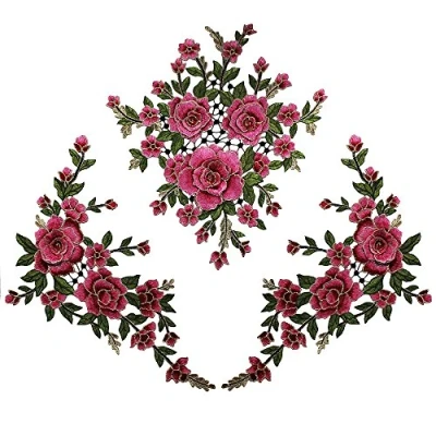 Image of 3D Flower Embroidery Fabric Patches Lace Applique Embellishment Sew on Motif Venise Trimming Craft Sewing Supplies T2612 (Rose Carmine)