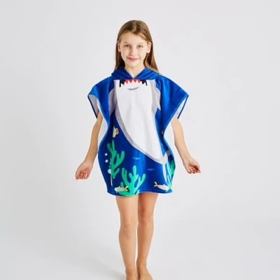 Image of Catherine Lansfield Kids Shark Hooded Towel Poncho 60x120cm Blue