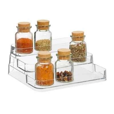 Image of Relaxdays Spice Organiser, 3 Steps, Rack for Countertop, Storage Shelf, HxWxD: 10.5 x 26 24 cm, Plastic, Transparent