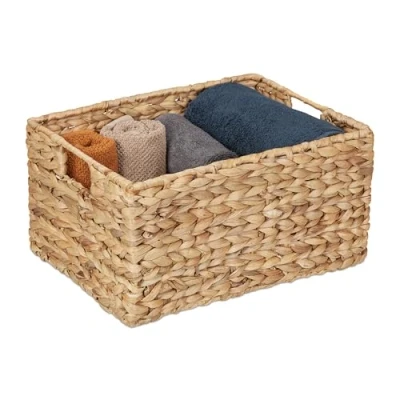 Image of Relaxdays Storage Basket, for Bathroom, Living Room &amp; Bedroom, Organiser, Woven Utensil Boxes, Water Hyacinth, Natural, Iron, 19 x 28 37 cm