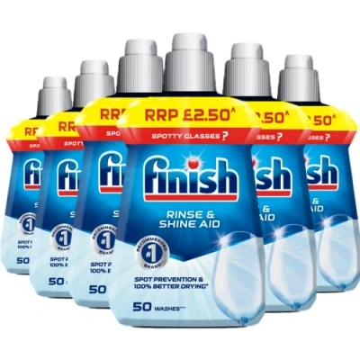 Image of Finish Dishwasher Rinse &amp; Shine Aid Regular Pack of 6, 250ml each For Drier Glasses and Spot Prevention