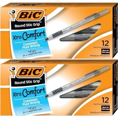 Image of BIC Round Stic Grip Xtra Comfort Ballpoint Pen, Medium Point (1.2mm), Black, 12 Count Pack of 2