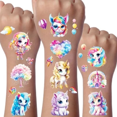 Image of Unicorn Glitter Tattoo for Kid, 12 Sheets Temporary Tattoos Kids, Unicorns Gifts Girls, Unicornorn Party Decorations, Bags Fillers