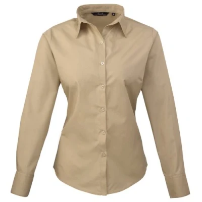 Image of Premier Womens/Ladies Poplin Long Sleeve Blouse / Plain Work Shirt (Khaki) Size 22 UK