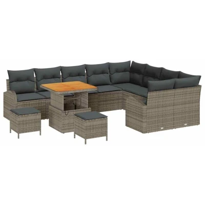 Image of vidaXL 12 Piece Garden Sofa Set with Cushions Grey Poly Rattan Acacia