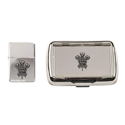 Image of Welsh Feathers Polished Chrome Tobacco tin and stormproof Petrol Lighter