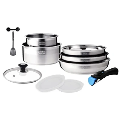 Image of Arthur Martin AM0025 10 Piece Stainless Steel Removable Cookware Set with Pouring Spout Handle Suitable for All Heat Sources Including Induction