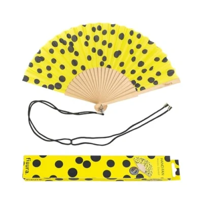 Image of Fisura Pattern Original handheld folding fan. wooden holding Hand Fans. Birthday Gifts Wedding Party Decoration. Fan with hanger included (Polka Dots, yellow)