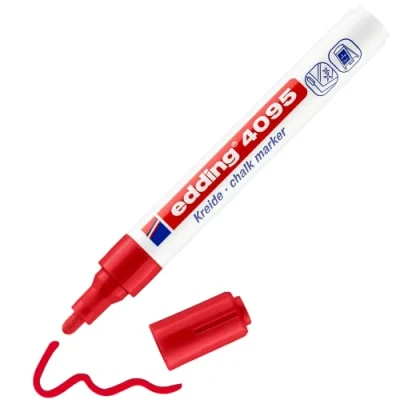 Image of edding 4095 chalk marker red 10 pens round tip 2 3 mm medium tipped wet wipe pen for chalkboards, windows, glass, mirrors liquid opaque coverage