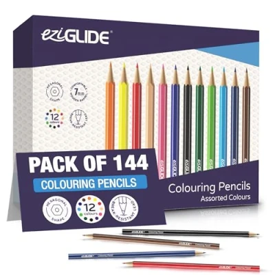 Image of Eziglide Colouring Pencils, Pack of 144 Bulk Pencils Set 12 Assorted High Pigment Colours, Ideal for Adults &amp; Children use in a Book, Sketching, Coloring Drawing