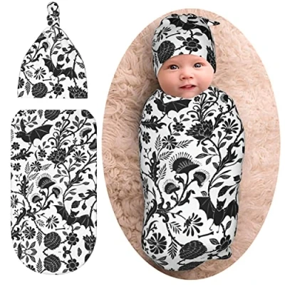Image of XVBCDFG Halloween Goth Bats Flower Baby Stuff Newborn Swaddle Blanket Gothic Wrap Soft Sleep Sacks Stretchy Receiving Blankets with Hat for Boy Girl Infants Gifts