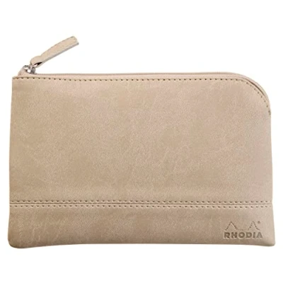 Image of RHODIA 116626C Faux Leather Zipped Pouch Beige Size M (16x22 cm) Real Stitching Orange Fabric Interior Storage of Documents, Small Supplies