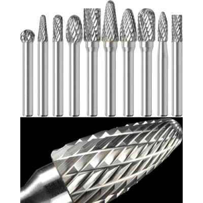 Image of Sworker Carbide Burr Set 1/4&quot; Shank 10PCS w/Wood Base Die Grinder Bits Rotary Rasp File for Metal Welds Concrete Stone Wood Plastic Carving Cutting Cleaning Grinding Engraving Porting Polishing