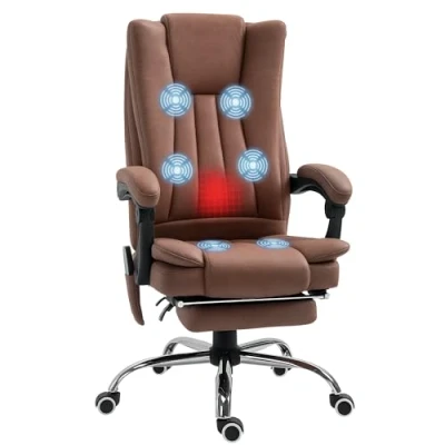 Image of Vinsetto Reclining Office Chair with Massage and Heat, Microfibre Computer Desk Footrest for Home Adjustable Height, Padded Arm, Swivel Wheels, Brown