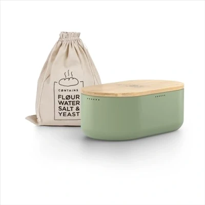 Image of LARS NYSØM Bread box I Metal with linen bag for long lasting freshness bamboo lid usable as cutting board 14.2x7.5x5.1 In (Sage Green)