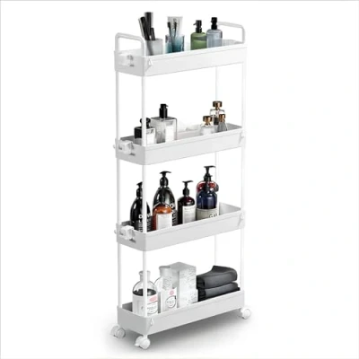 Image of Wuudi 4 Tier Storage Trolley Cart, Slide Out Slim Rolling Utility Cart with Hanging Cups &amp; Partition for Bathroom, Laundry Room, Bedroom, Narrow Places (white)