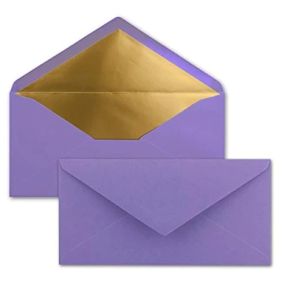 Image of NEUSER PAPIER 25 envelopes DIN long violet with gold metallic inner lining 110 x 220 mm wet glue festive for invitations