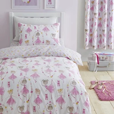 Image of Bedlam Pink Ballerina Duvet Cover Single Bedding Size (200 x 140cm) Reversible (2 Designs) with Ballet Shoes Dancer for Girls Bedroom Accessories