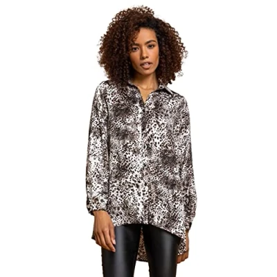 Image of Roman Originals Shirt for Women Ladies Cotton Blouse Button Through Tunic Printed Top Work Long Sleeve Smart Casual Going Out Office V Neck Everyday Evening Event Brown Size 8
