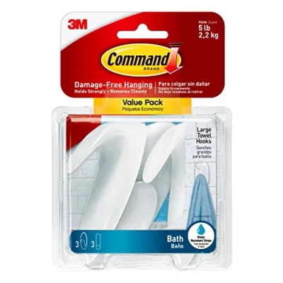 Image of Command BATH17 3ES Large Towel Hooks, Value Pack, 3 Water Resistant Strips by